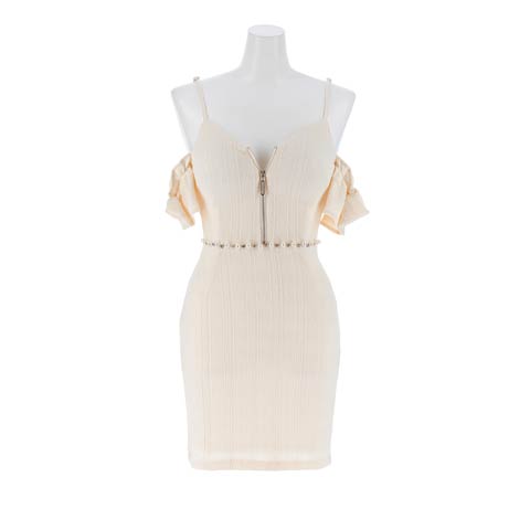 9/12新作!フロントジップオフショルリボンビジュータイトミニ丈キャバドレス[SML/3サイズ展開](オフホワイト-Sサイズ)