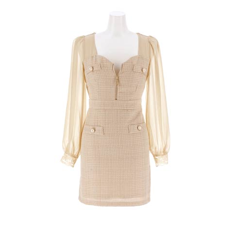 9/12新作!フロントジップツイードパールビジューシフォン長袖タイトミニ丈キャバドレス[SML/3サイズ展開](ピンクベージュ-Sサイズ)