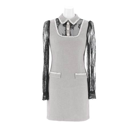9/10新作!襟付きツイードパールボタンシアーレース長袖タイトミニ丈キャバドレス[SML/3サイズ展開](ライトグレー-Sサイズ)
