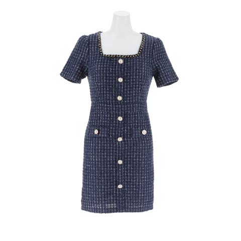 9/17新作!ツイードチェックチェーンパールボタン半袖タイトミニ丈キャバドレス[SML/3サイズ展開](ネイビー-Sサイズ)
