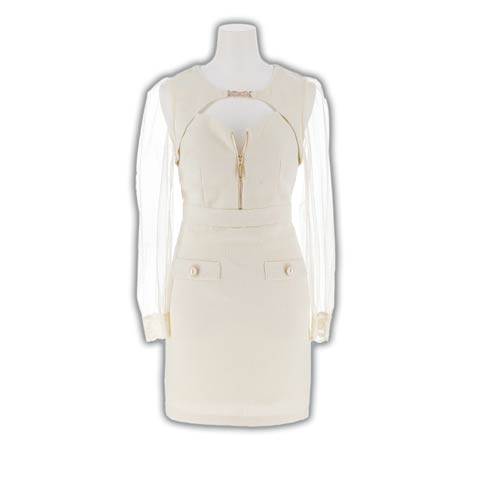 9/5新作!ビジューバックルツイードジップ長袖シアータイトミニ丈キャバドレス[SML/3サイズ展開]*(オフホワイト-Sサイズ)