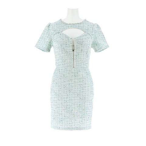 12/2再販!大胆な胸元魅せツイード谷間ジップに輝く上品ネックビジュー半袖タイトミニドレス[SML/3サイズ展開](ライトミントブルー-Sサイズ)