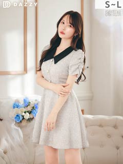 12/2再販!骨スト優勝!!襟付きVネックツイード×気になるお尻カバーする半袖Aラインミニドレス[SML/3サイズ展開]