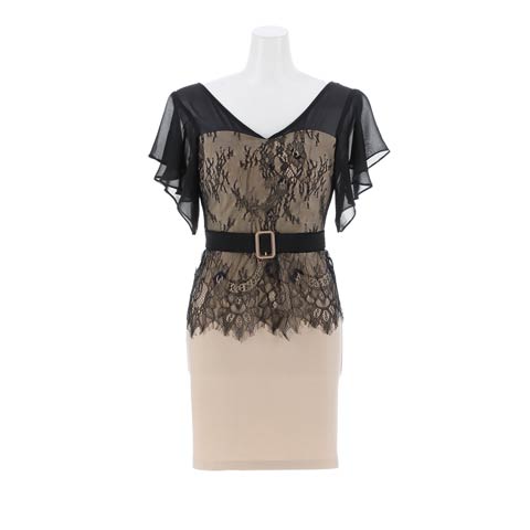 9/15新作!ドレープシフォンレースベルトモチーフタイトミニ丈キャバドレス[S~3L/5サイズ展開][プチプラキャバドレス](ブラック×ベージュ-Sサイズ)