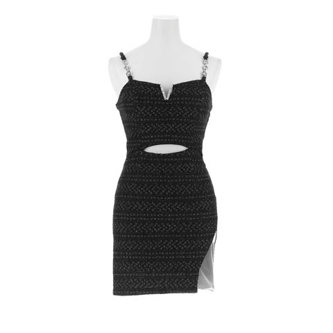 8/27新作!ノースリーブラメツイード胸元Vビジューミニ丈キャバドレス[SML/3サイズ展開][明日花キララ着用](ブラック-Sサイズ)