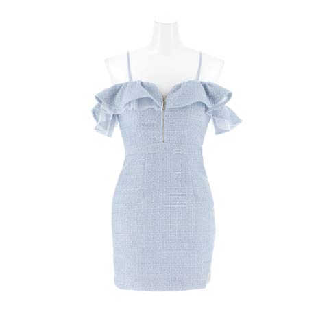 12/19新作!肩見せSEXYオフショル谷間ジップ×輝くフリルラメツイードタイトミニ丈キャバドレス[SML/3サイズ展開](ライトブルー-Sサイズ)