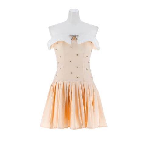 11/4新作!【明日花キララ着用】SEXYな肩見せオフショルに輝くビジュー付リボンプリーツAラインミニ丈キャバドレス(イエロー-Sサイズ)