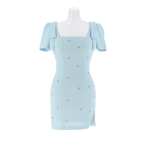 10/6新作!ストーンビジューリボンパフスリーブタイトミニ丈キャバドレス[SML/3サイズ展開][伊藤桃々着用](ライトブルー-Sサイズ)