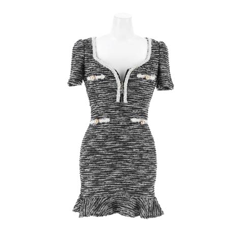 9/26新作!ツイード調フロントジップパールボタン半袖マーメイドミニ丈キャバドレス[SML/3サイズ展開](ブラック-Sサイズ)