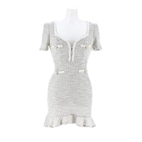 9/26新作!ツイード調フロントジップパールボタン半袖マーメイドミニ丈キャバドレス[SML/3サイズ展開](アイボリー-Sサイズ)