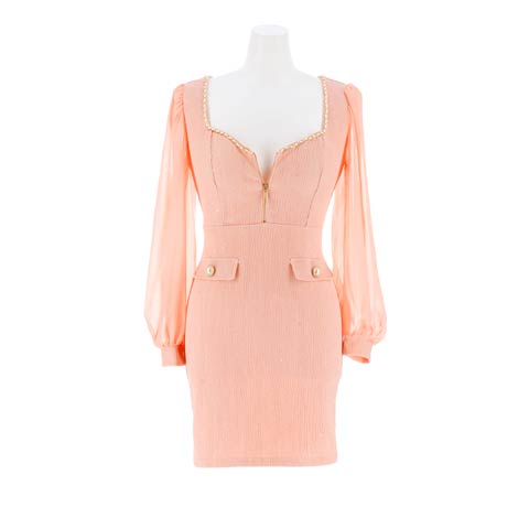 9/24新作!フロントジップチェーンラメシフォンスリーブタイトミニ丈キャバドレス[SML/3サイズ展開]*(ピンク-Sサイズ)