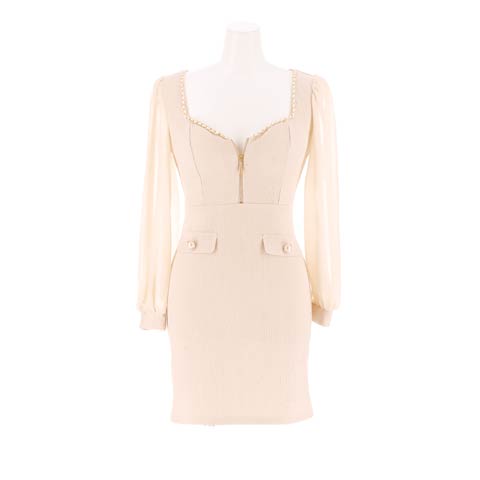 9/24新作!フロントジップチェーンラメシフォンスリーブタイトミニ丈キャバドレス[SML/3サイズ展開]*(ベージュ-Sサイズ)