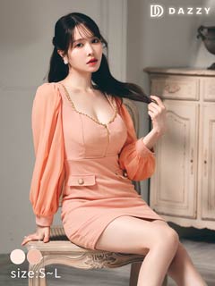 9/24新作!フロントジップチェーンラメシフォンスリーブタイトミニ丈キャバドレス[SML/3サイズ展開]*