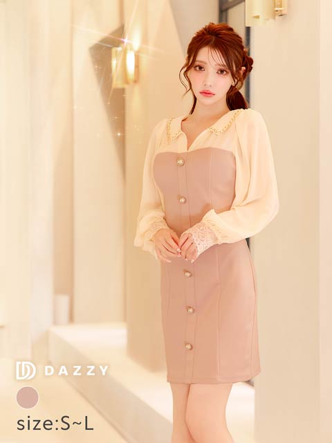 9/5新作!襟付きチェーンビジューＶネックシフォン長袖タイトミニ丈キャバドレス[SML/3サイズ展開]