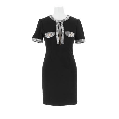 8/20新作!バイカラーレースパールボタンフロントジップタイトミニ丈キャバドレス[SML/3サイズ展開](ブラック-Sサイズ)