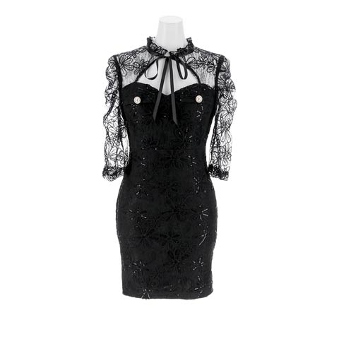 9/17新作!ハイネックリボンフラワー刺繍シアー七分袖タイトミニ丈キャバドレス[SML/3サイズ展開](ブラック-Sサイズ)