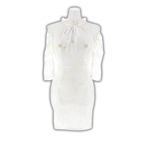 9/17新作!ハイネックリボンフラワー刺繍シアー七分袖タイトミニ丈キャバドレス[SML/3サイズ展開](ホワイト-Sサイズ)