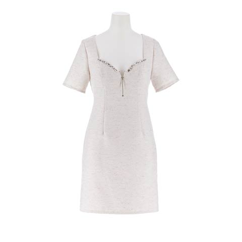 9/8新作!ツイードフロントジップバストラインビジュー半袖タイトミニ丈キャバドレス[SML/3サイズ展開](アイボリー-Sサイズ)