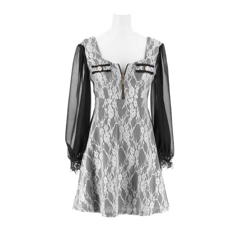 9/1新作!フロントジップオールレースチュール長袖Aラインミニ丈キャバドレス[SML/3サイズ展開][伊藤桃々着用](ホワイト×ブラック-Sサイズ)