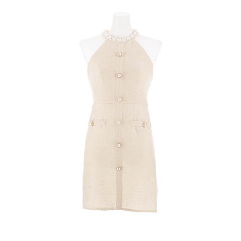 9/19新作!ラメツイードパールビジューアメスリタイトミニ丈キャバドレス[SML/3サイズ展開](ベージュ-Sサイズ)