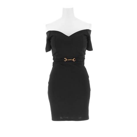 9/1新作!ワンカラーベルトモチーフオフショルタイトミニ丈キャバドレス[SML/3サイズ展開][伊藤桃々着用][プチプラキャバドレス](ブラック-Sサイズ)