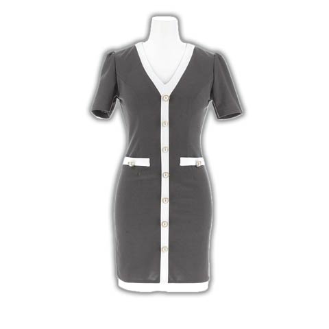 9/3新作!Ｖネックバイカラーボタンビジュー半袖タイトミニ丈キャバドレス(グレー-Sサイズ)