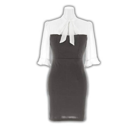 9/17新作!ボウタイリボンドッキングシアー五分袖タイトミニ丈キャバドレス[SML/3サイズ展開](グレー-Sサイズ)