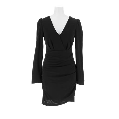 9/8新作!ワンカラーＶネックカシュクールサイドドレープ長袖タイトミニ丈キャバドレス[SML/3サイズ展開][プチプラキャバドレス](ブラック-Sサイズ)