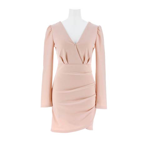 9/8新作!ワンカラーＶネックカシュクールサイドドレープ長袖タイトミニ丈キャバドレス[SML/3サイズ展開][プチプラキャバドレス](ピンクベージュ-Sサイズ)