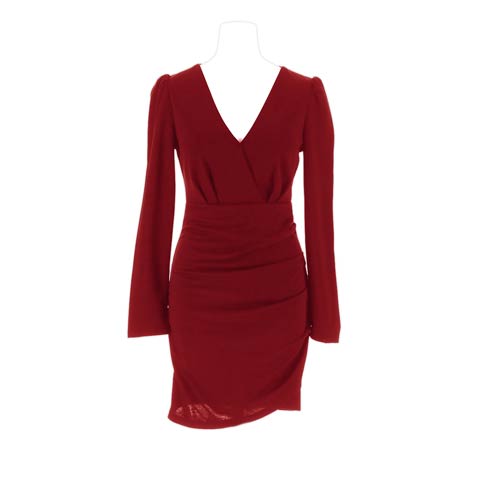 12/25再販!【新色ワインレッド登場!!】シンプルSEXYなワンカラーＶネックカシュクール×二の腕カバー長袖サイドドレープタイトミニ丈キャバドレス(ワインレッド-Sサイズ)