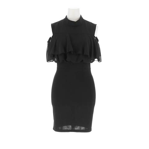 8/20新作!ハイネックジョーゼットフリルタイトミニ丈キャバドレス[SML/3サイズ展開][プチプラキャバドレス](ブラック-Sサイズ)