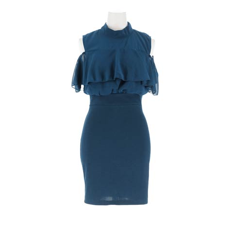 8/20新作!ハイネックジョーゼットフリルタイトミニ丈キャバドレス[SML/3サイズ展開][プチプラキャバドレス](ブルーグリーン-Sサイズ)