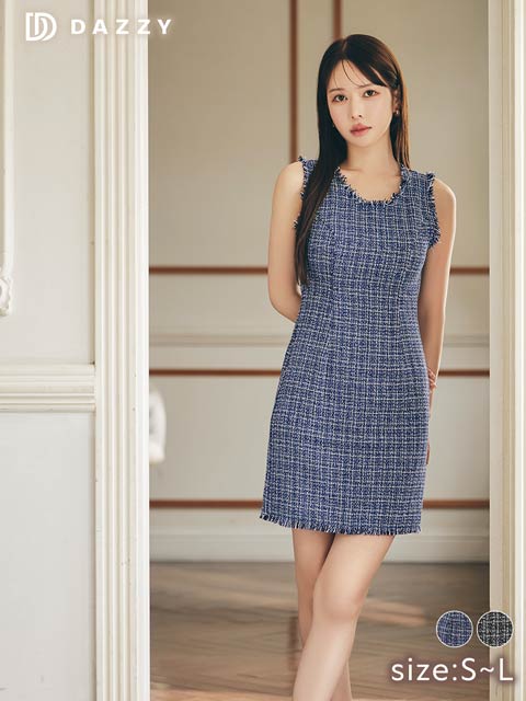 9/10新作!フリンジツイードノースリーブタイトミニ丈キャバドレス[SML/3サイズ展開][プチプラキャバドレス]