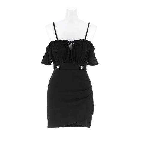 9/24新作!オフショルラメフリルリボンタイトミニ丈キャバドレス[SML/3サイズ展開]*(ブラック-Sサイズ)