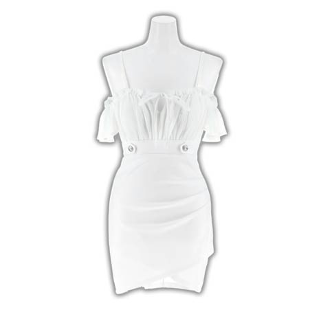 9/24新作!オフショルラメフリルリボンタイトミニ丈キャバドレス[SML/3サイズ展開]*(ホワイト-Sサイズ)