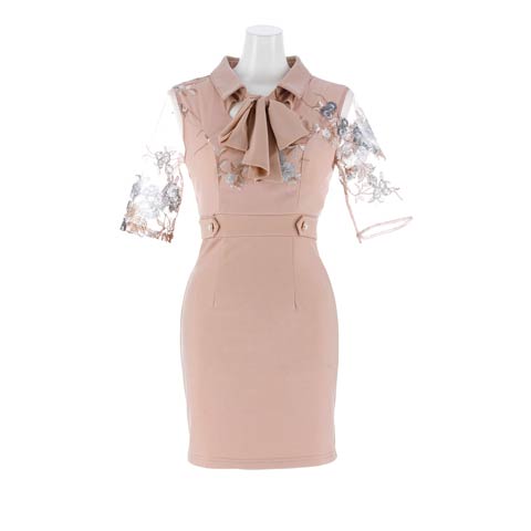 10/13新作!襟付きネックリボンフラワー刺繍シアー五分袖タイトミニ丈キャバドレス[SML/3サイズ展開][伊藤桃々着用](ダスティピンク-Sサイズ)