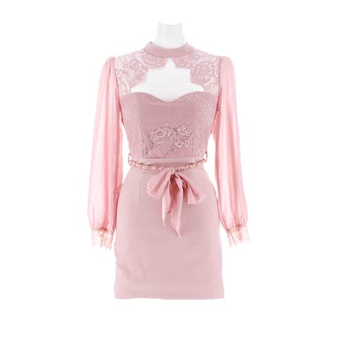 10/3新作!【二の腕カバー】ハイネックレースバストカットベルト付き長袖タイトミニ丈キャバドレス[SML/3サイズ展開](ピンク-Sサイズ)