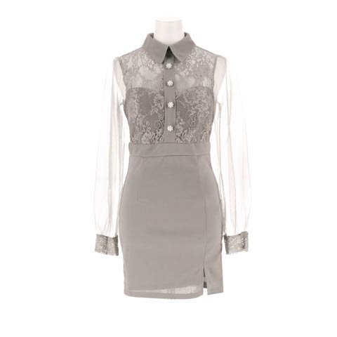 8/1新作!襟付きフラワーレースパールビジューシアー長袖タイトミニ丈キャバドレス[SML/3サイズ展開][伊藤桃々着用](パールグレー-Sサイズ)