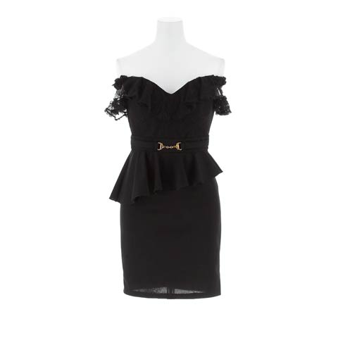 8/8新作!フリルレースアシンメトリーペプラムオフショルタイトミニ丈キャバドレス[SML/3サイズ展開](ブラック-Sサイズ)