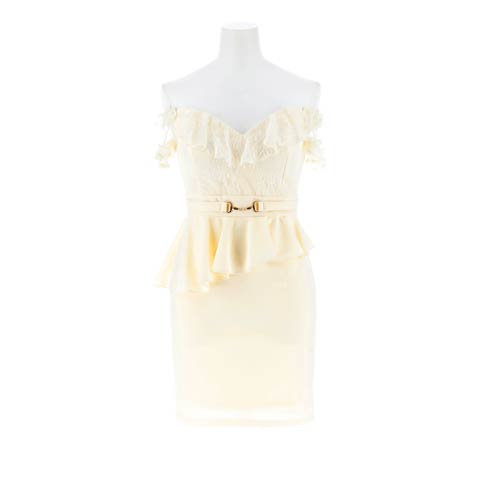 8/8新作!フリルレースアシンメトリーペプラムオフショルタイトミニ丈キャバドレス[SML/3サイズ展開](クリーム-Sサイズ)