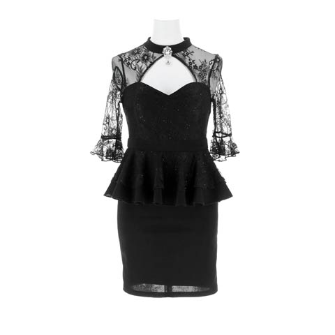 11/11再販![伊藤桃々着用]気になるお腹カバーするペプラムに、素肌透けレース袖でSEXYなミニ丈キャバドレス*(ブラック-Sサイズ)