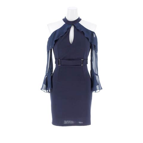 9/24新作!オープンショルダーフレア長袖ベルトモチーフタイトミニ丈キャバドレス[SML/3サイズ展開](ネイビー-Sサイズ)