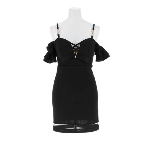 8/1新作!レースアップＶカットビジューフリルオフショルタイトミニ丈キャバドレス[SML/3サイズ展開][伊藤桃々着用](ブラック-Sサイズ)