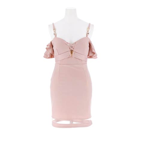 8/1新作!レースアップＶカットビジューフリルオフショルタイトミニ丈キャバドレス[SML/3サイズ展開][伊藤桃々着用](ピンク-Sサイズ)