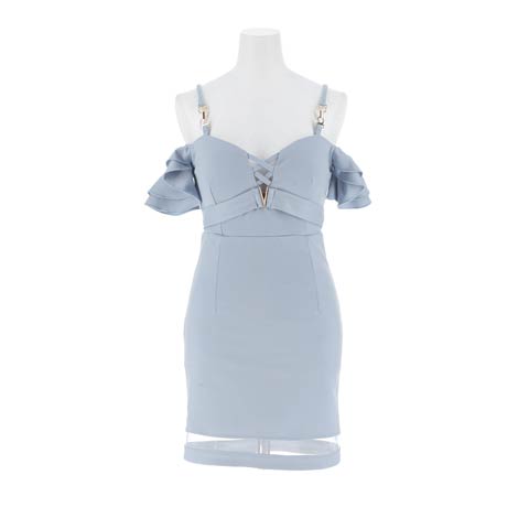 8/1新作!レースアップＶカットビジューフリルオフショルタイトミニ丈キャバドレス[SML/3サイズ展開][伊藤桃々着用](ライトブルー-Sサイズ)