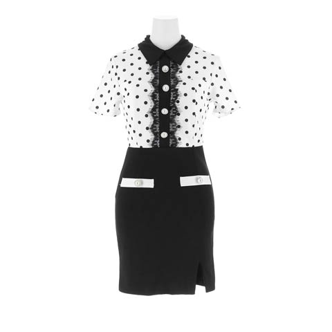 8/13新作!襟付きモノトーンドットフロントレース半袖タイトミニ丈キャバドレス[SML/3サイズ展開](ドット×ブラック-Sサイズ)