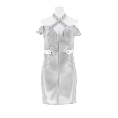 8/13新作!ギンガムチェックジップクロスネックフリルオフショルタイトミニ丈キャバドレス[SML/3サイズ展開](グレー-Sサイズ)