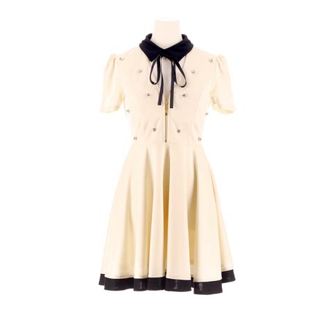 11/4再販!ラインストーン輝く襟付きリボンフロントジップ半袖Aラインミニキャバドレス[SML/3サイズ展開](アイボリー-Sサイズ)