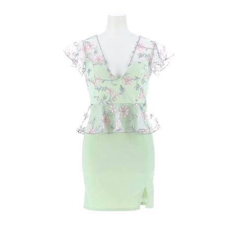 8/1新作!パステルフラワー刺繍シアーペプラムフリル袖タイトミニ丈キャバドレス[SML/3サイズ展開][プチプラキャバドレス](ミント-Sサイズ)