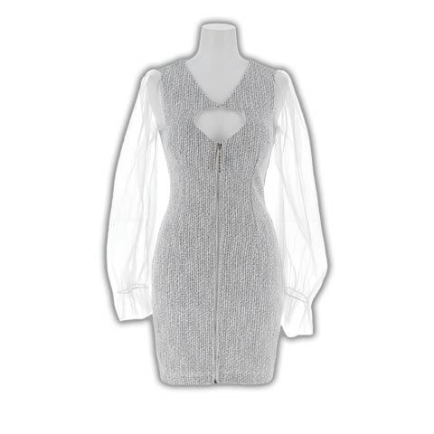 9/3新作!ツイードフロントジップカットアウトチュール長袖タイトミニ丈キャバドレス(ライトグレー-Sサイズ)